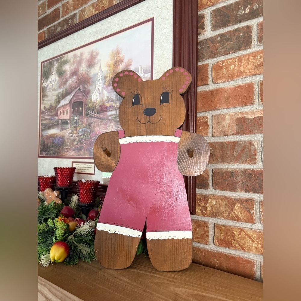 Vintage 1989 Wooden Wall Bear Decor in Pink Outfit